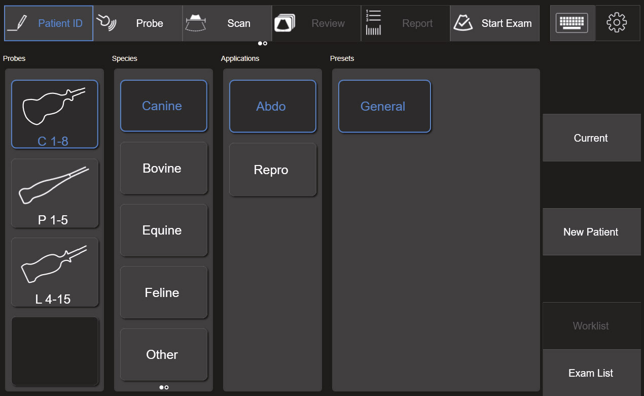 Fotografie Esaote MyLab™9VET Touchdisplay Sonden- & Preset-Wahl